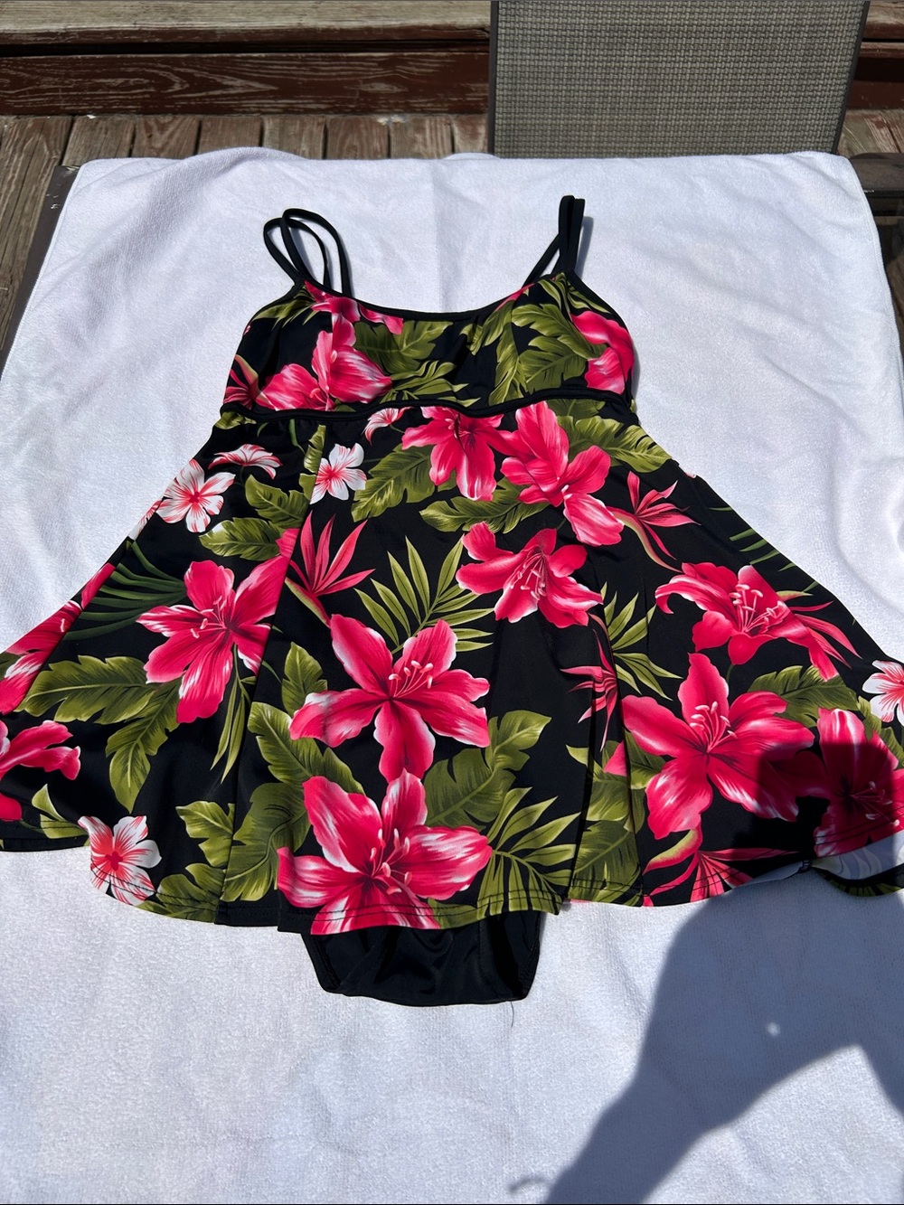 Mainstream Black Floral Swimdress with Pink Hibiscus Accent size 14